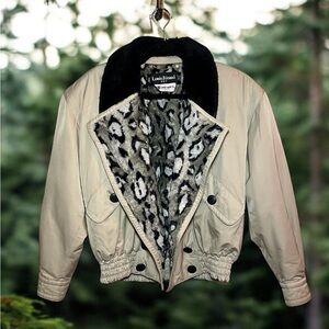 VTG Louis Feraud lined jacket designer lambskin collar animal print 80s 90s